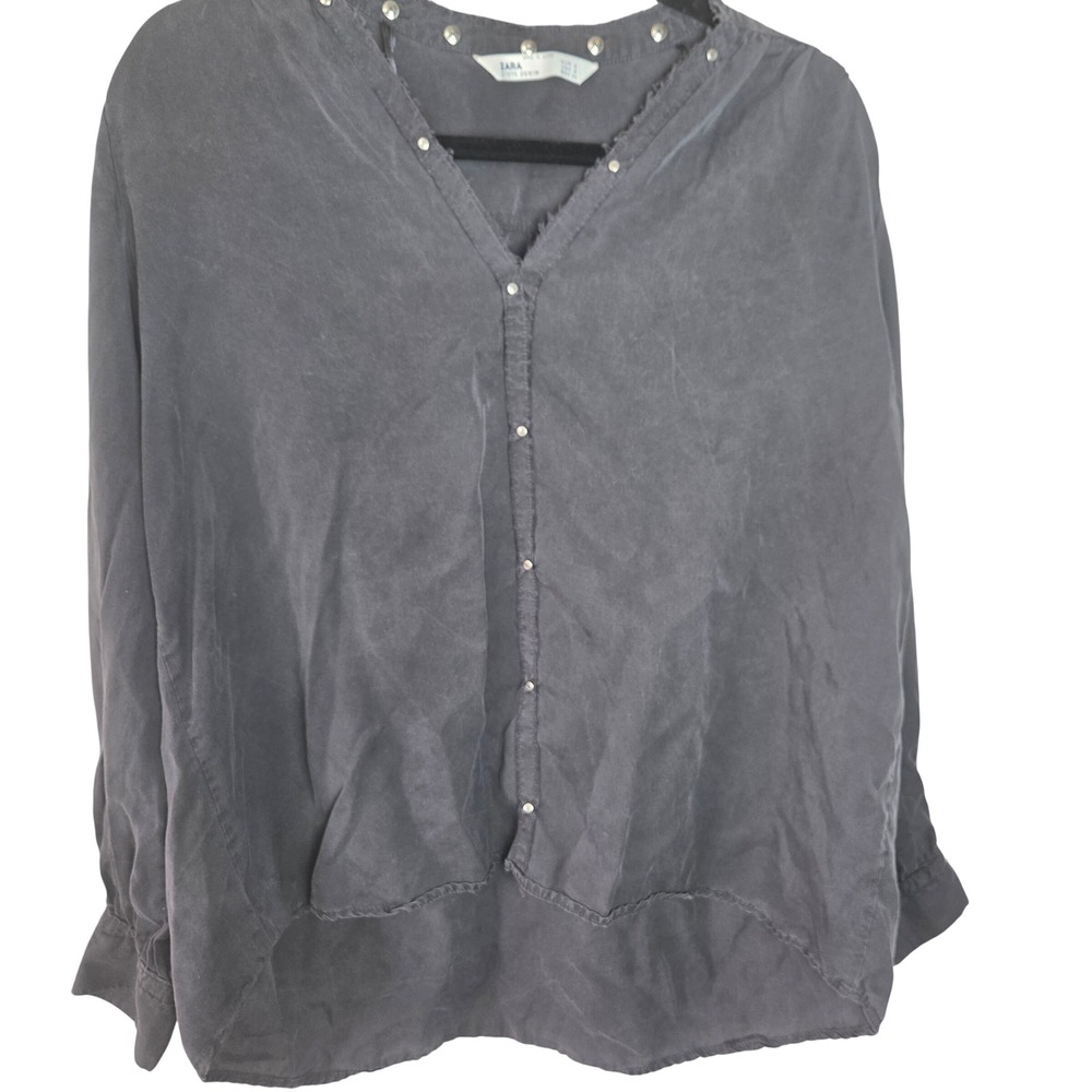 Zara Blouse V Neck Snap‎ Front Raw Edge Relaxed Minimalist 3/4 Sleeve